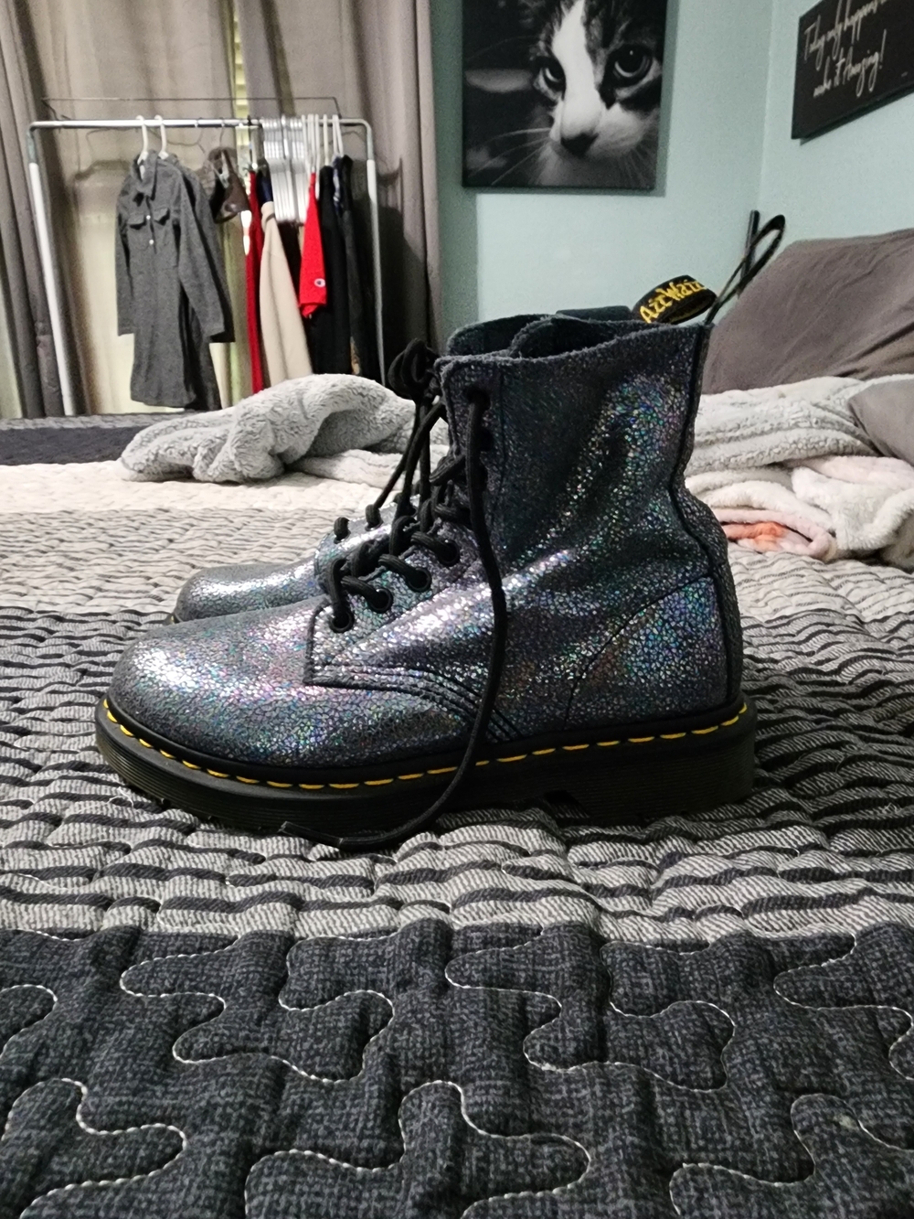 Dr. Martens Kids Holographic Glitter Lace-Up Boots - Black with Yellow Stitching
